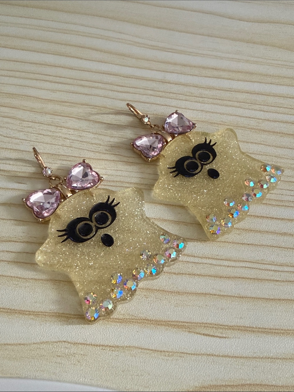 Betsey Johnson Gold Glitter Ghost Earrings with Pink Bow Crystals